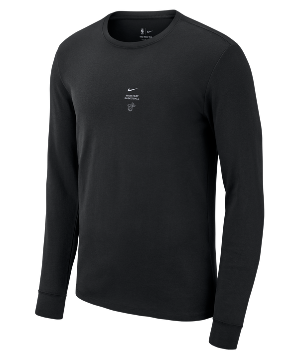 Here is a revision of your sentence using the provided product data: The Nike Miami HEAT 2026-27 Black Long Sleeve Practice Tee is a black, long-sleeve Nike shirt made from midweight cotton with a standard fit, featuring a small white Nike logo and text on the chest, displayed on a plain white background.