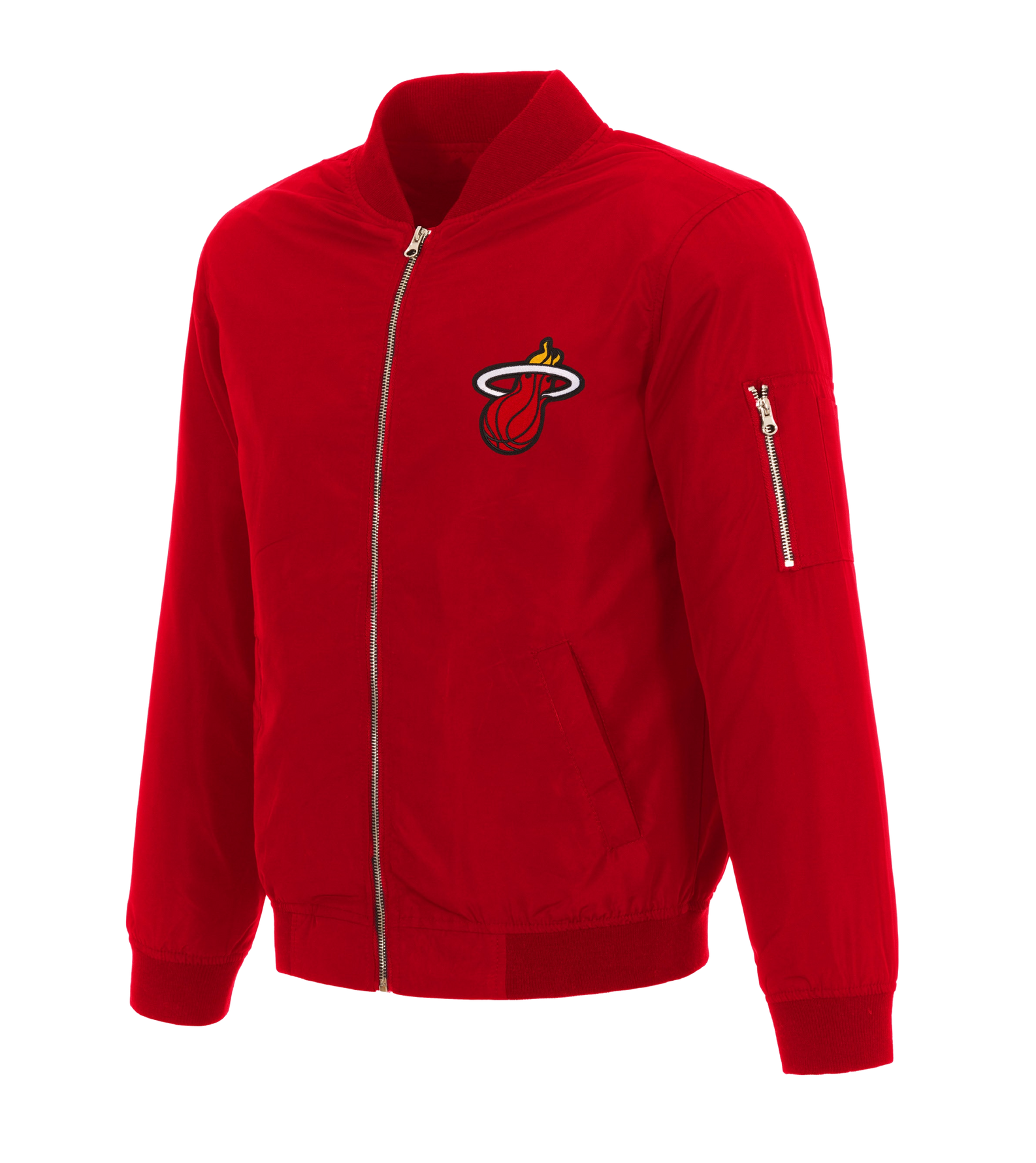 The JH Designs Miami HEAT Red Nylon Bomber Jacket features a zip front, standard fit, embroidered team logos on the left chest, and a silver zippered pocket on the left sleeve.