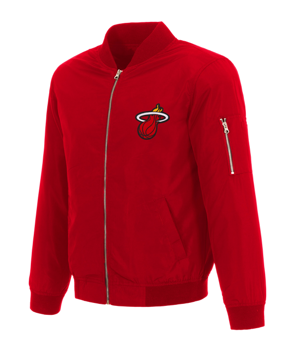The JH Designs Miami HEAT Red Nylon Bomber Jacket features a zip front, standard fit, embroidered team logos on the left chest, and a silver zippered pocket on the left sleeve.