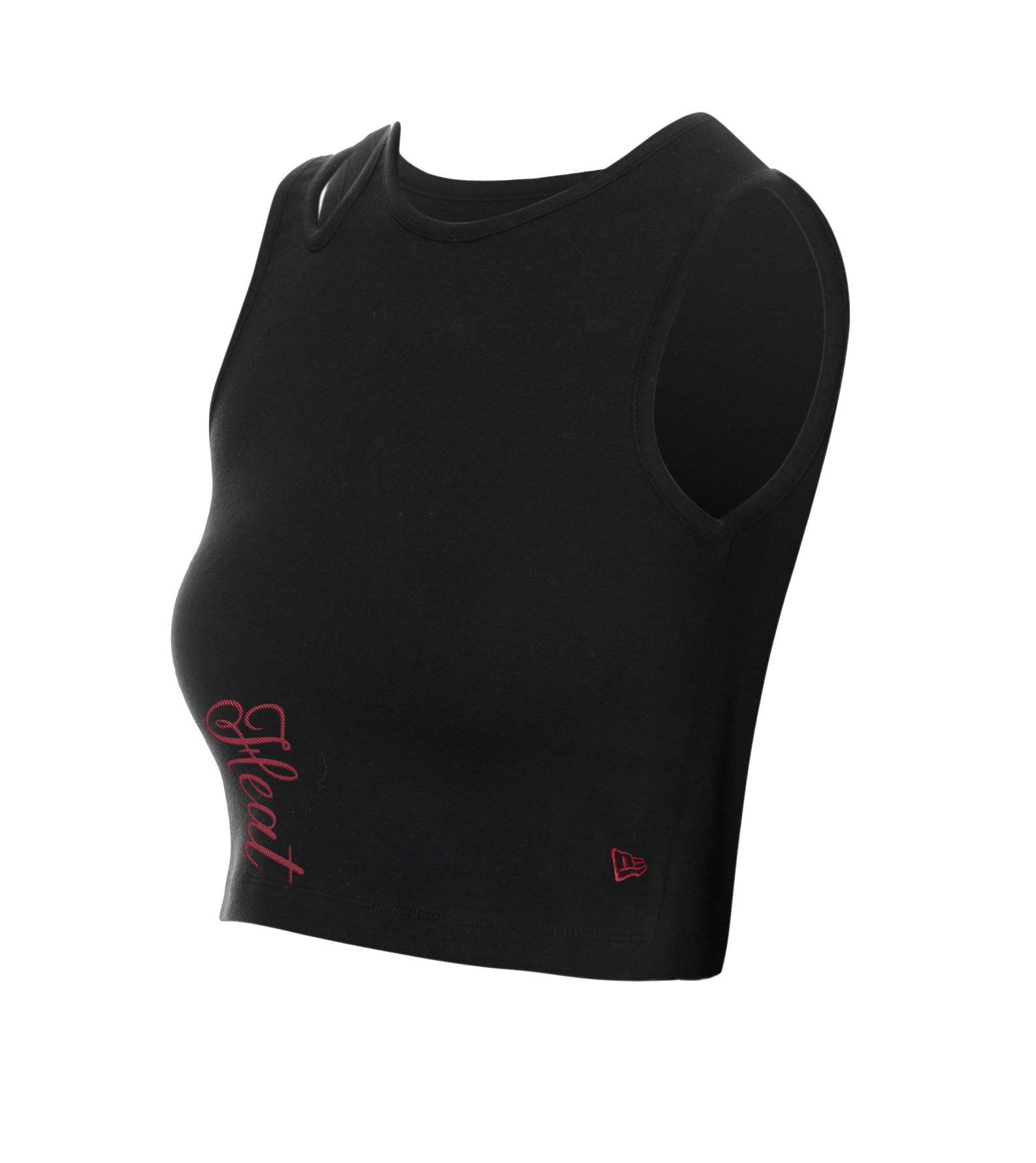 The New Era Miami HEAT Women's Asymmetrical Tank Top is a black, sleeveless cotton crop top with 