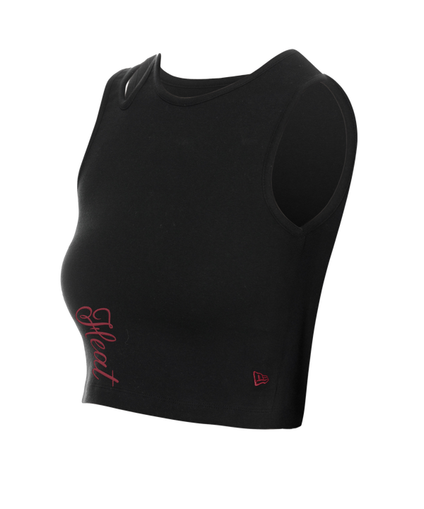 The New Era Miami HEAT Women's Asymmetrical Tank Top is a black, sleeveless cotton crop top with 