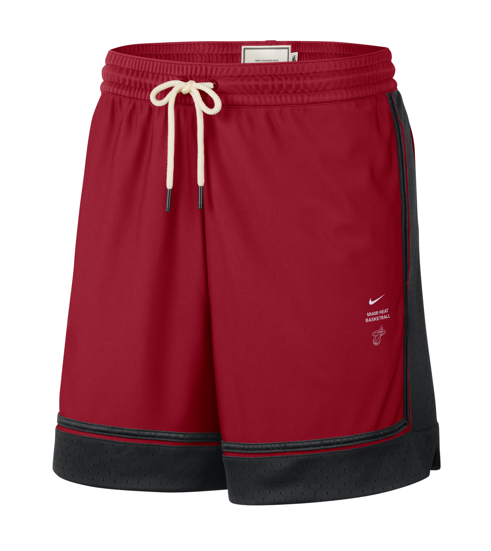 The Nike Miami HEAT Standard Issue Practice Shorts feature a bold red design with black trim, a white Nike logo, and a small Miami Heat logo on the front. Made with sweat-wicking Dri-FIT fabric to help keep you dry, these shorts include an elastic waistband with a white drawstring and convenient zippered pockets for secure storage.