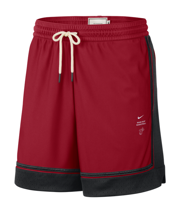 The Nike Miami HEAT Standard Issue Practice Shorts feature a bold red design with black trim, a white Nike logo, and a small Miami Heat logo on the front. Made with sweat-wicking Dri-FIT fabric to help keep you dry, these shorts include an elastic waistband with a white drawstring and convenient zippered pockets for secure storage.
