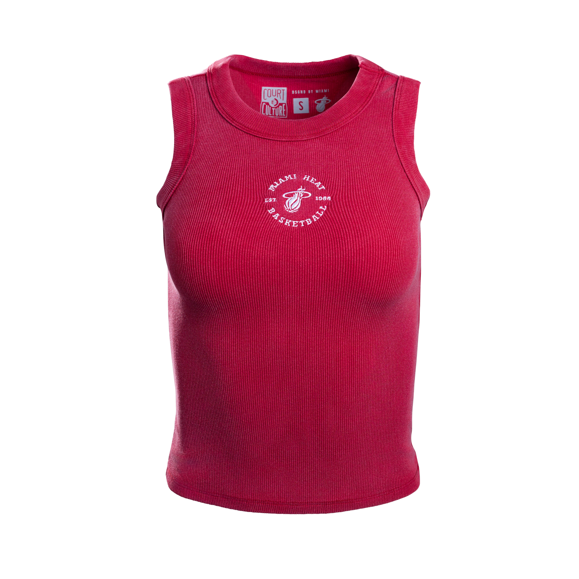 Introducing the Court Culture “Classic” Embroidered High Neck Tank—a sleeveless, ribbed, red tank top crafted from a soft cotton spandex blend, featuring “Miami Heat Basketball” and a flaming basketball logo embroidered in white on the chest. For best care, hand wash cold. Standard fit by Court Culture.