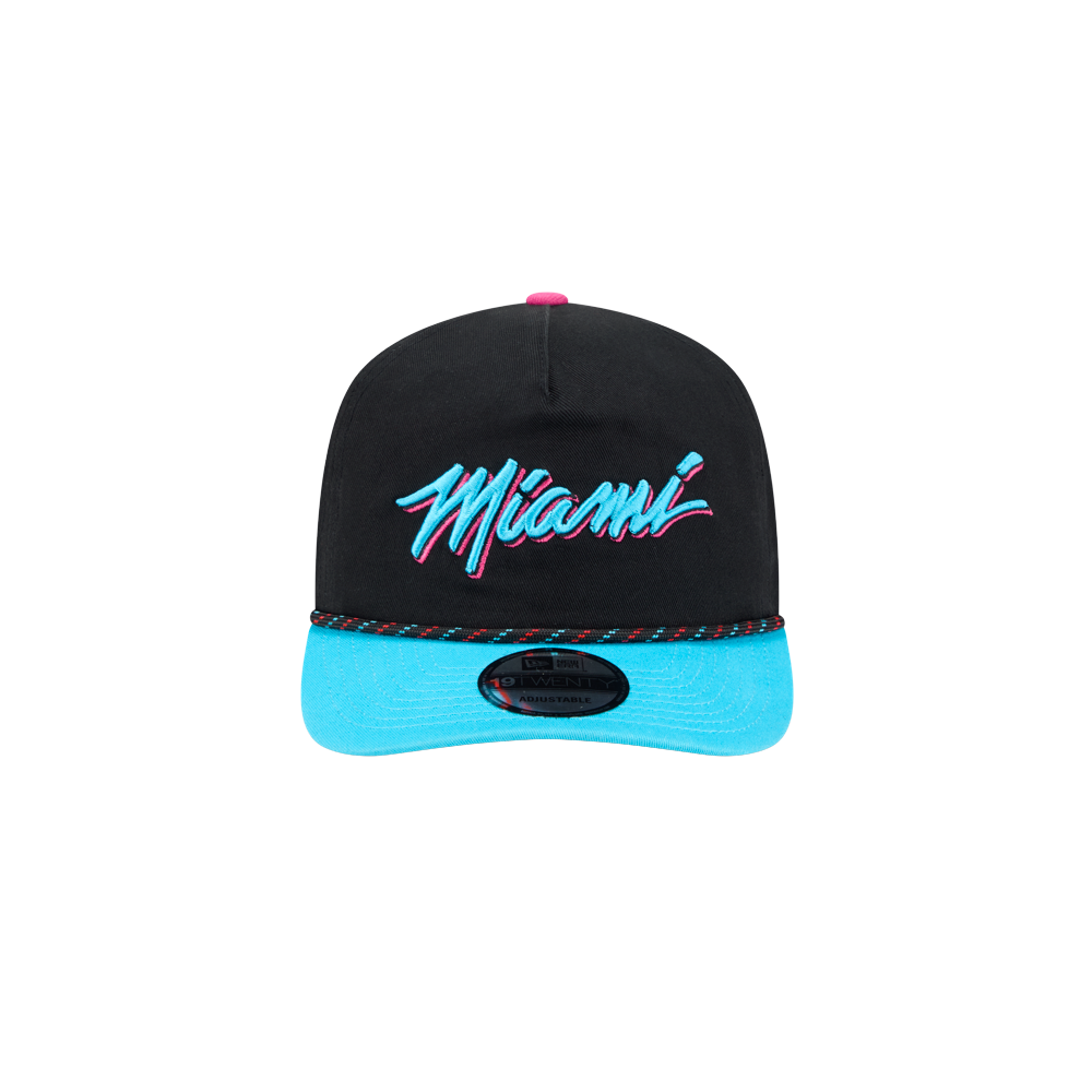 The New Era Miami HEAT Original Vice Nights Stretch Snapback features a black design with a bright blue brim, 