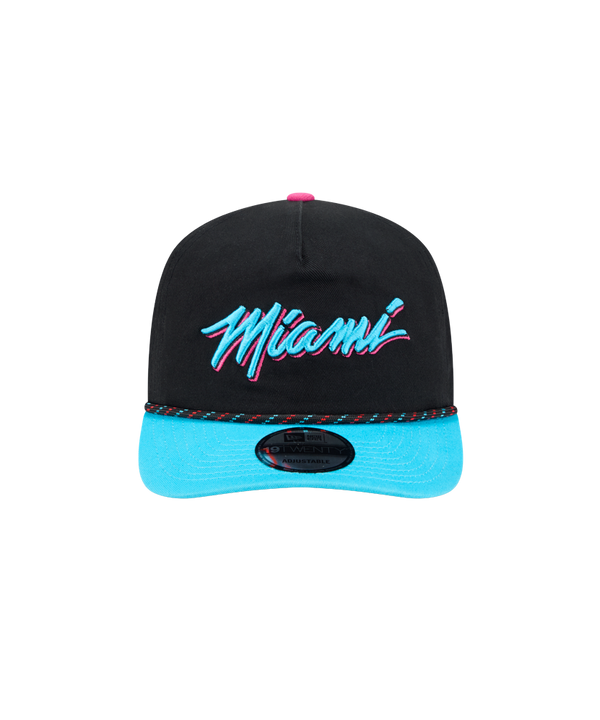 The New Era Miami HEAT Original Vice Nights Stretch Snapback features a black design with a bright blue brim, 