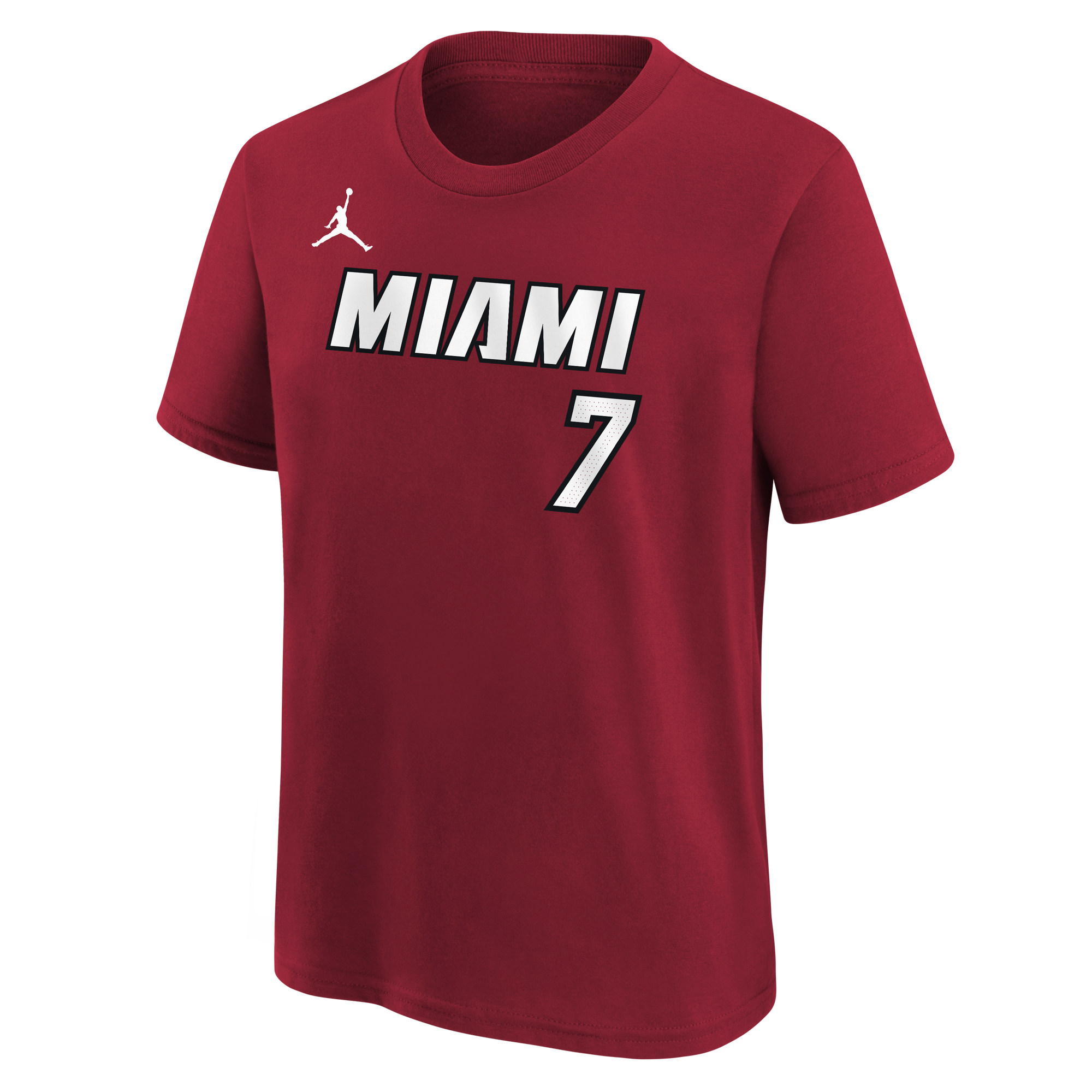 The Nike Giannis Antetokounmpo Jordan Brand Statement Red Name & Number Youth Tee features “MIAMI” and the number 7 in bold white and black text across the front, with a signature white Jumpman logo on the right shoulder. Made from comfortable cotton in a standard fit, this tee is machine washable for easy care.