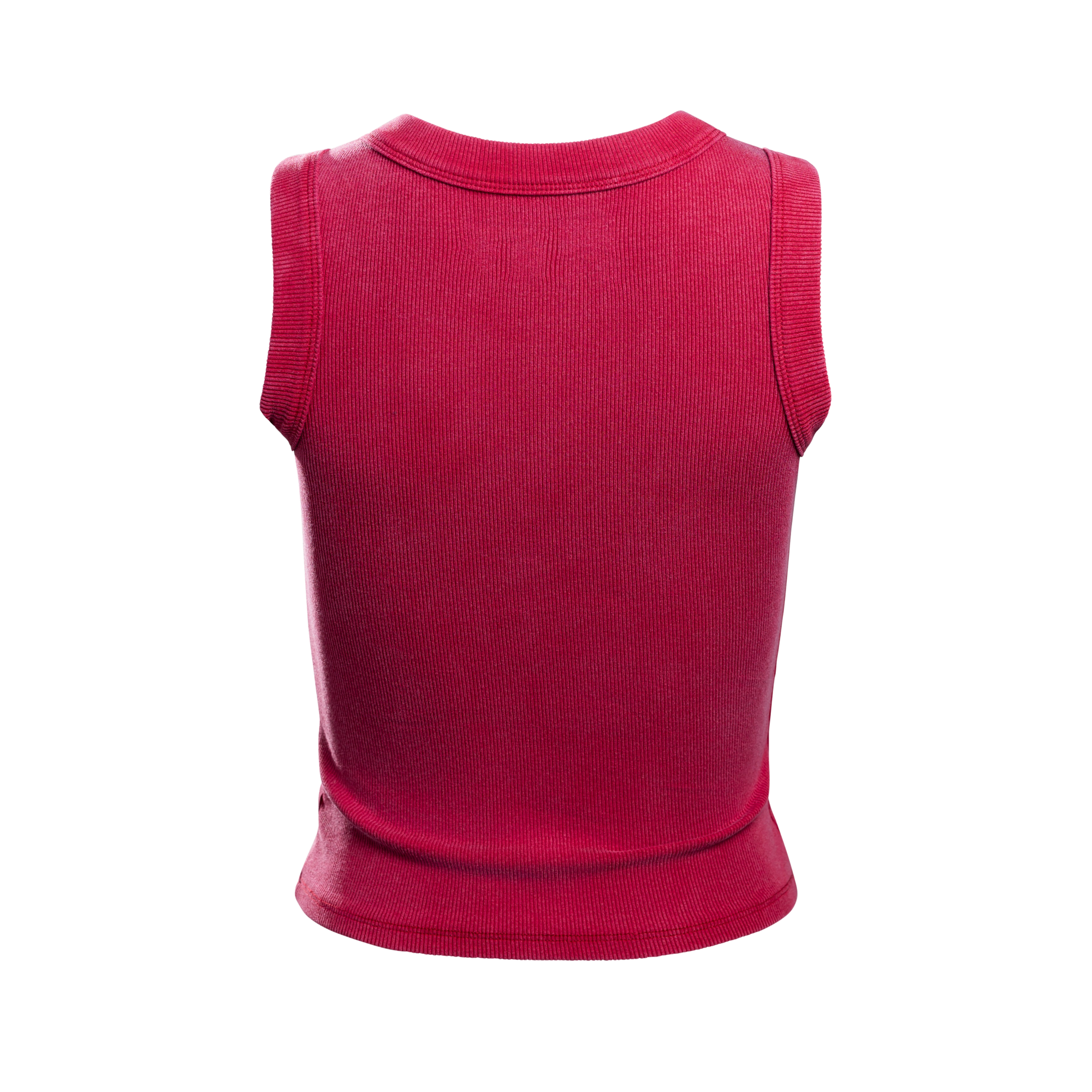 The Court Culture “Classic” Embroidered High Neck Tank by Court Culture, a sleeveless, ribbed red top made from soft cotton spandex, is shown from the back against a plain white background.
