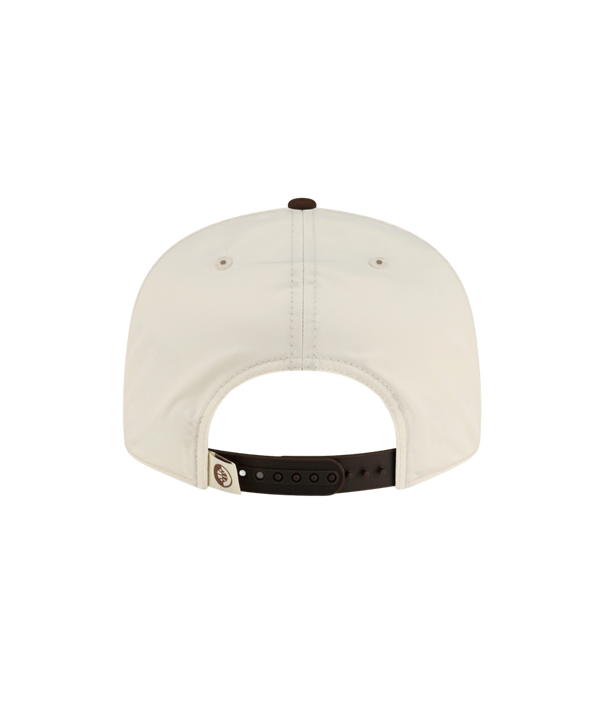 Court Culture x New Era Café y Leche snapback cap in off-white polyester with a dark brown brim and a dark brown Miami Heat logo on the front.