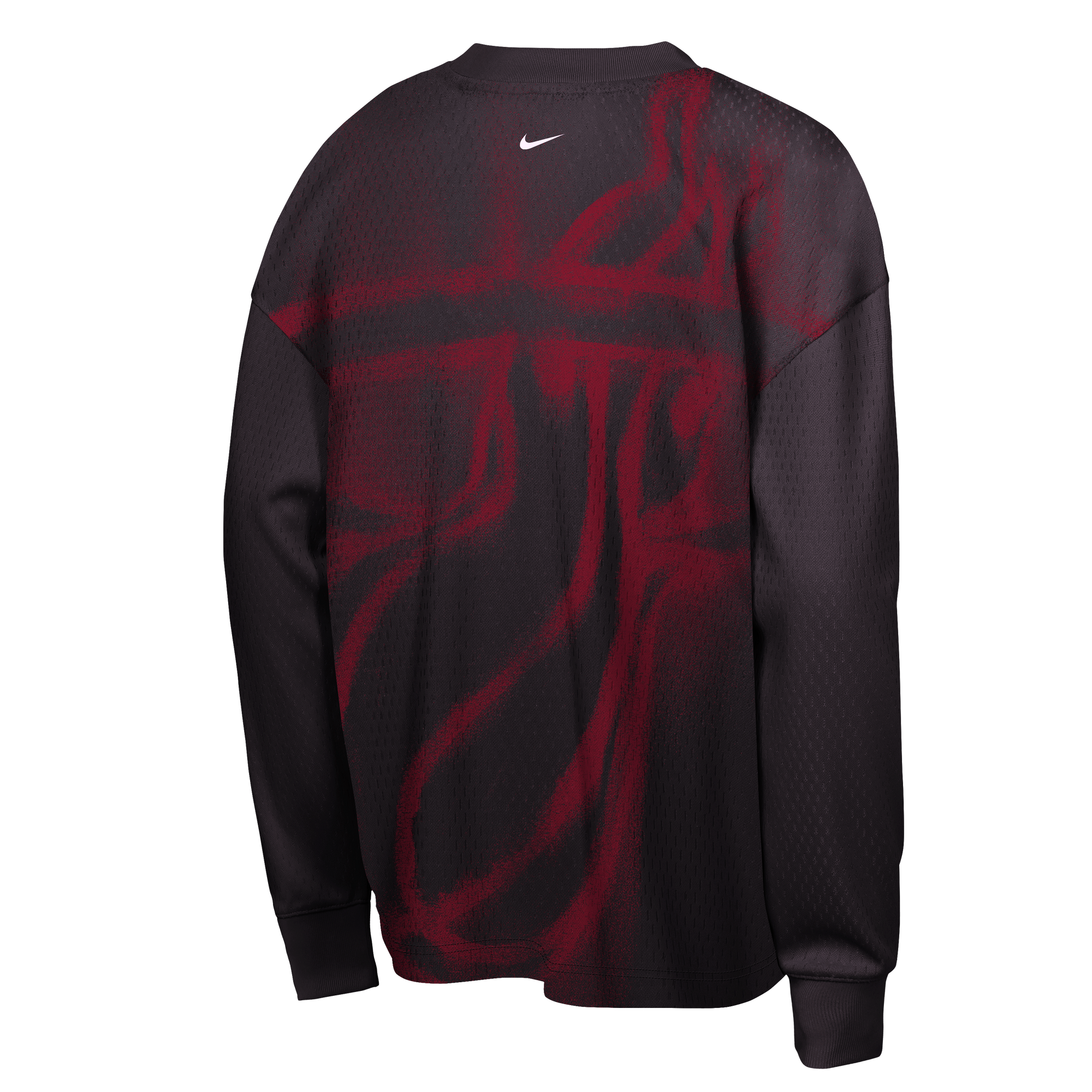 The Nike Miami HEAT Standard Issue Logo Game Long Sleeve Youth Tee by Nike is a durable, standard-fit black mesh jersey made from polyester. It features a large red Miami Heat logo on the back and a small white Nike swoosh near the collar. For best results, machine wash cold and tumble dry low.