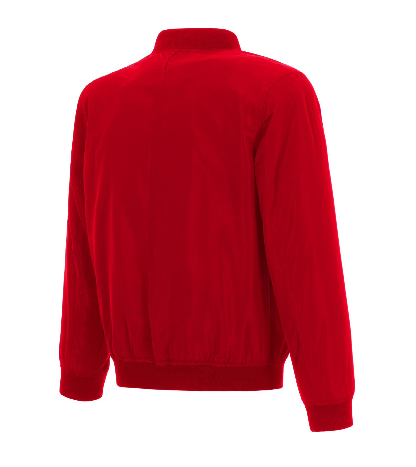 The JH Designs Miami HEAT Red Nylon Bomber Jacket is shown from the back, featuring a standard fit with long sleeves, ribbed collar, cuffs, and waistband. It has a bright red color with no visible logos or patterns.