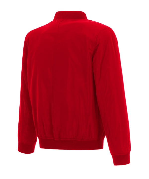 The JH Designs Miami HEAT Red Nylon Bomber Jacket features a zip front, standard fit, embroidered team logos on the left chest, and a silver zippered pocket on the left sleeve.