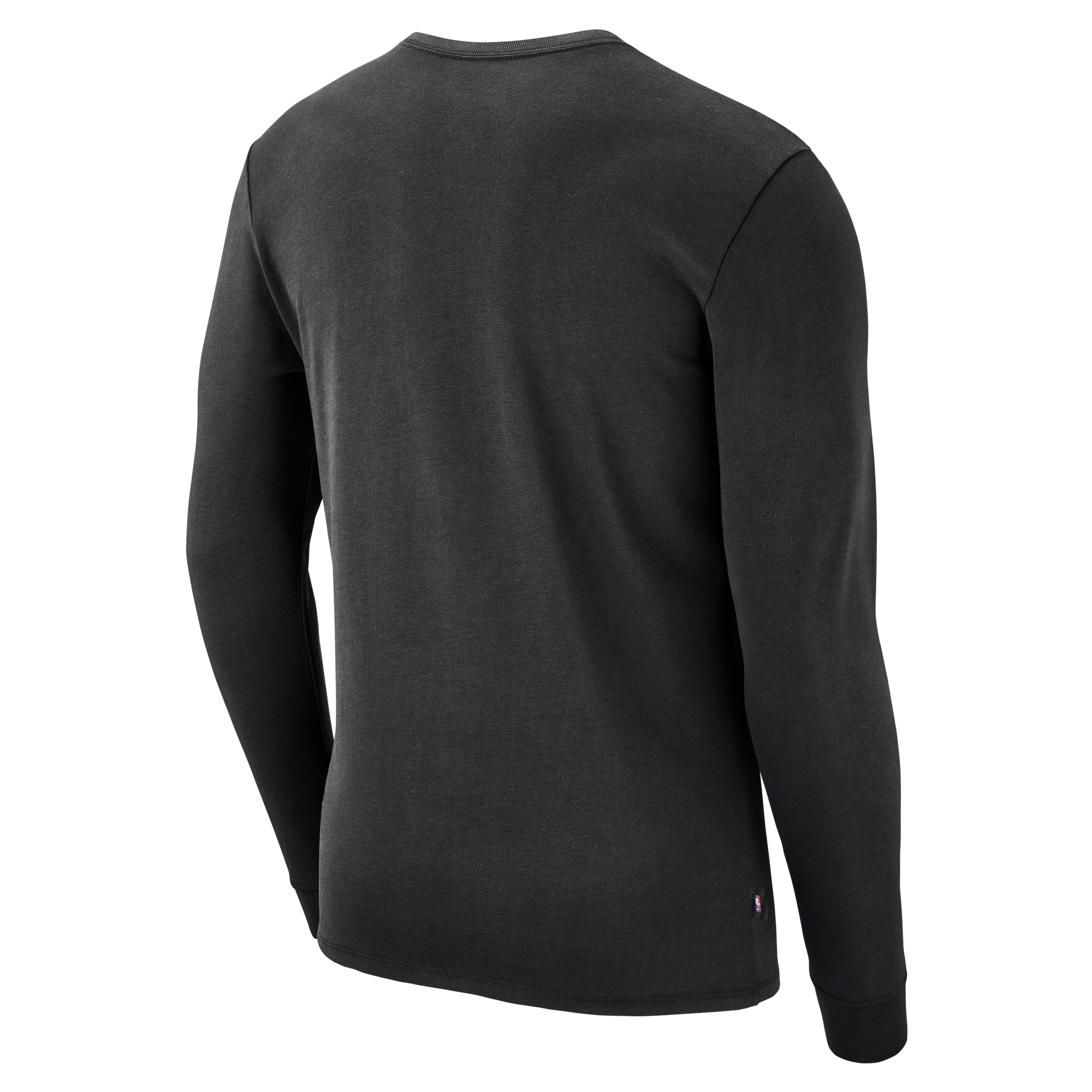 The Nike Miami HEAT 2026-27 Black Long Sleeve Practice Tee is displayed from the back against a plain white background, showcasing its crew neckline and standard fit, and is made with midweight cotton for lasting comfort.