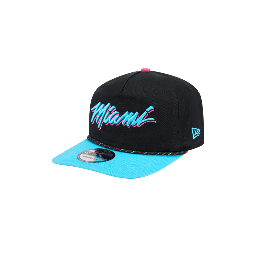 The New Era Miami HEAT Original Vice Nights Stretch Snapback features a black design, light blue brim, 