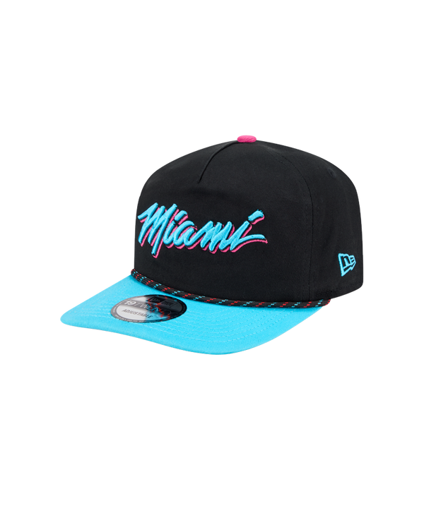 The New Era Miami HEAT Original Vice Nights Stretch Snapback features a black design with a bright blue brim, 