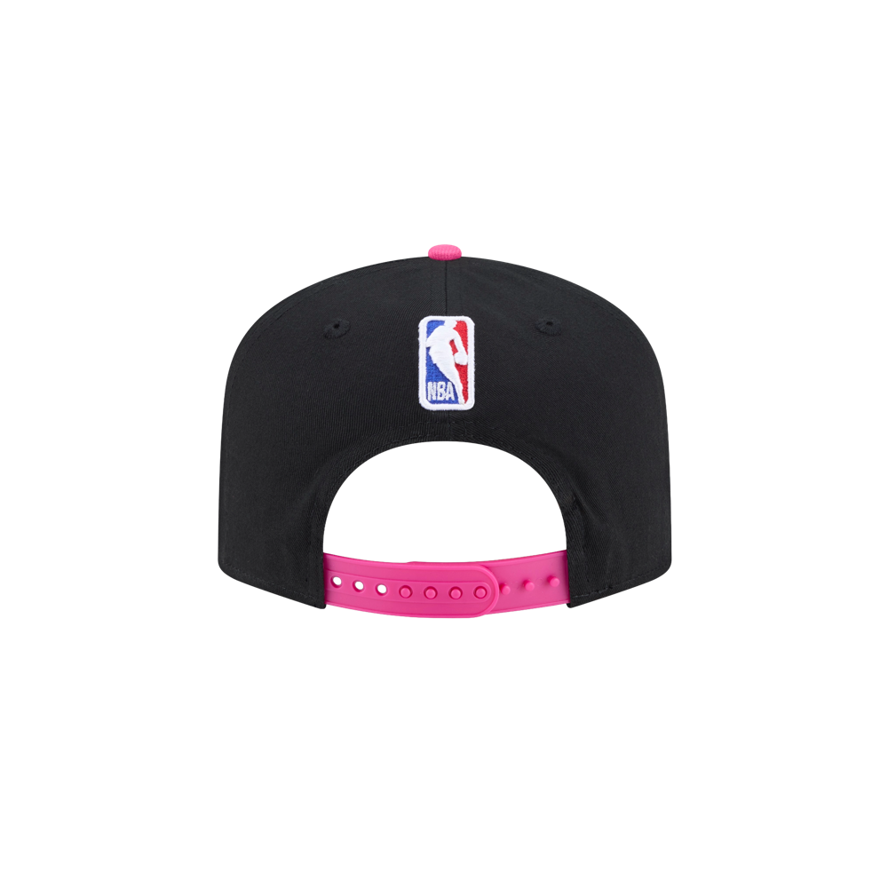 The New Era Miami HEAT Original Vice Nights Rope Snapback features a black cotton build, NBA logo above the back opening, and a bright pink adjustable strap. One size fits most and is easy to spot clean for everyday wear.
