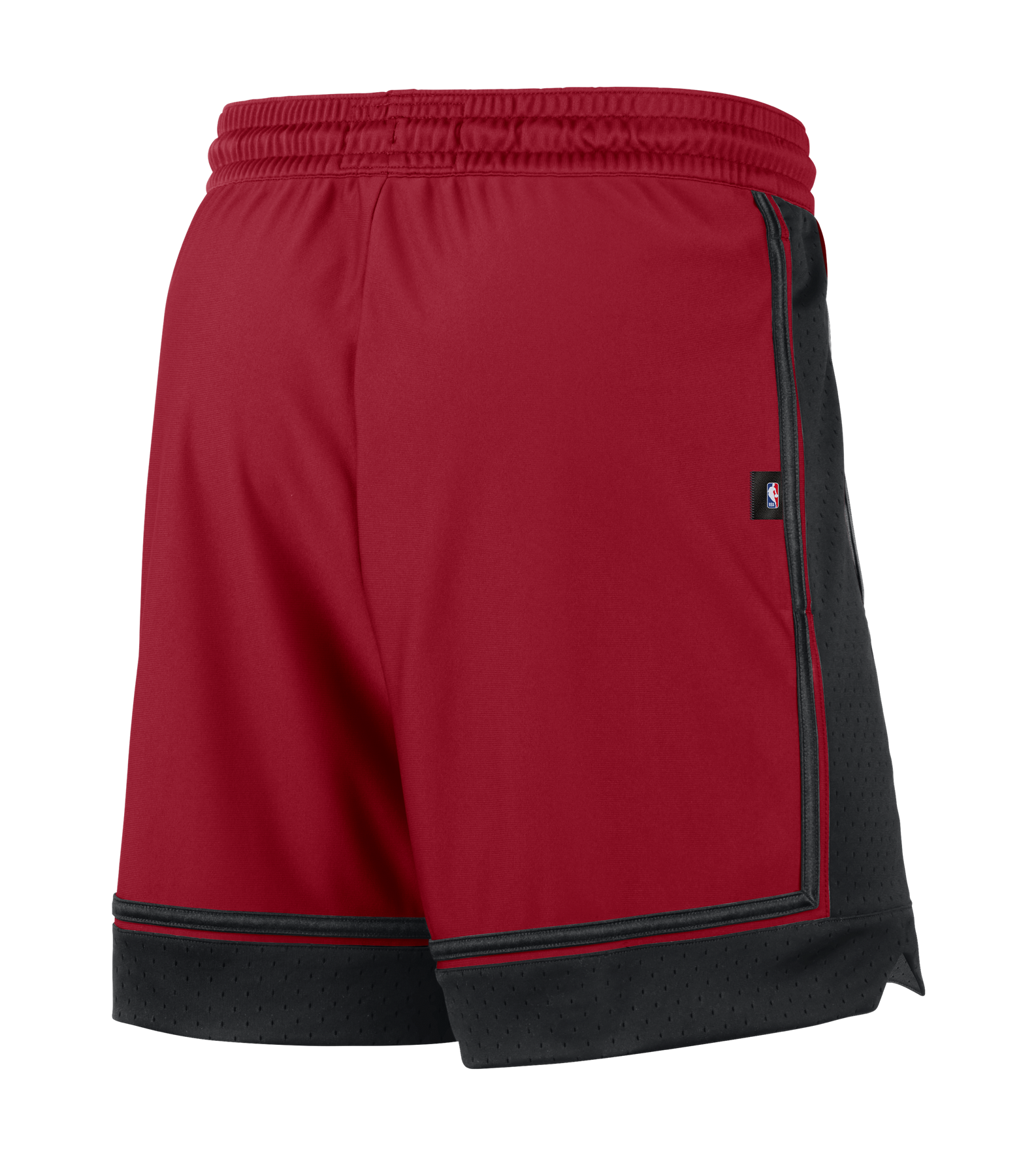 The Nike Miami HEAT Standard Issue Practice Shorts by Nike feature a bold red design with a black waistband, black side panels, and black trim on the bottom hem. Made with sweat-wicking Dri-FIT technology for comfort and equipped with convenient zippered pockets, these shorts are shown against a white background.