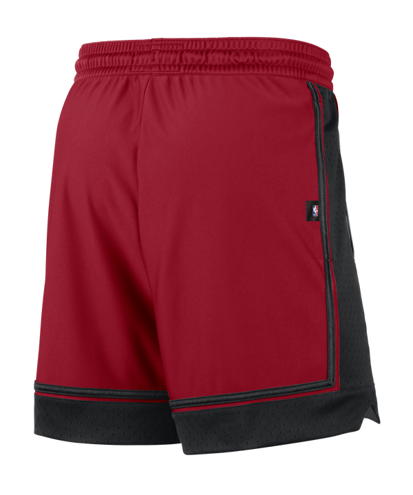 The Nike Miami HEAT Standard Issue Practice Shorts feature a bold red design with black trim, a white Nike logo, and a small Miami Heat logo on the front. Made with sweat-wicking Dri-FIT fabric to help keep you dry, these shorts include an elastic waistband with a white drawstring and convenient zippered pockets for secure storage.