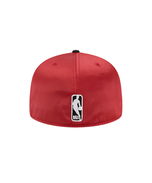The New Era Miami HEAT Red Satin Fitted Hat features bold HEAT lettering and the flaming basketball logo on the front, a comfortable spandex visor, and an easy-to-clean polyester design.