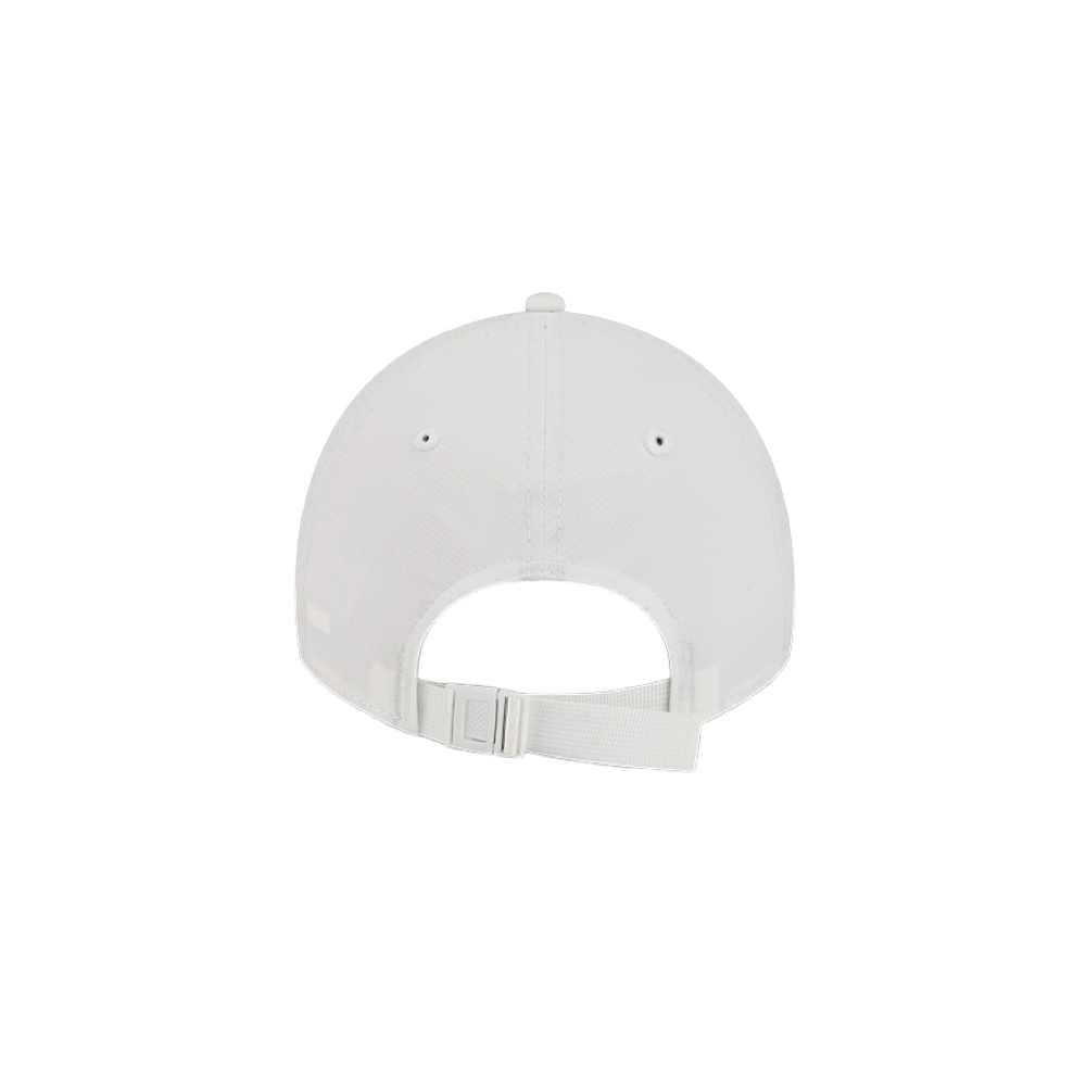 Back view of the New Era Miami HEAT Ripstop Dad Hat in white polyester with an adjustable strap and buckle, shown on a white background. One size fits most; spot clean for best care.