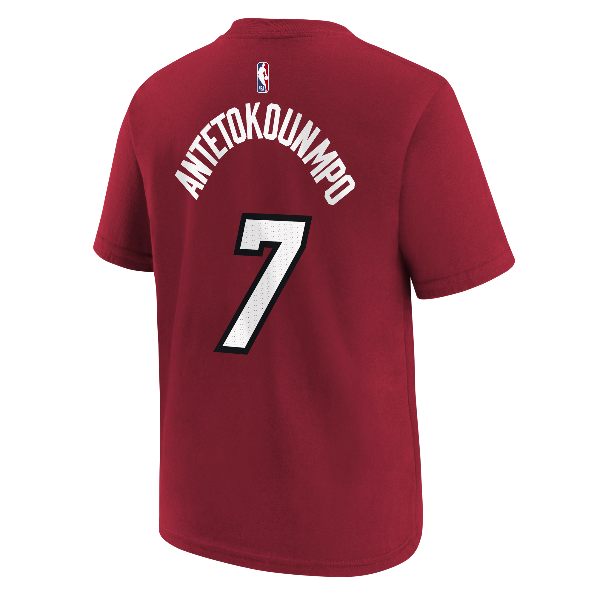 The Nike Giannis Antetokounmpo Jordan Brand Statement Red Name & Number Youth Tee is a machine washable cotton t-shirt in red, featuring ANTETOKOUNMPO and the number 7 in bold white and black on the back, along with an NBA logo above the name. Combining comfort and style, this standard fit tee is perfect for any young basketball fan.