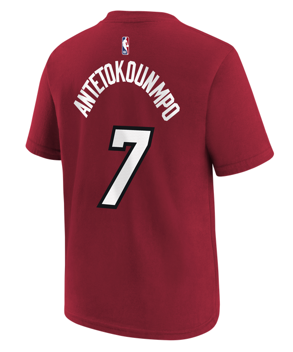 The Nike Giannis Antetokounmpo Jordan Brand Statement Red Name & Number Youth Tee features “MIAMI” and the number 7 in bold white and black text across the front, with a signature white Jumpman logo on the right shoulder. Made from comfortable cotton in a standard fit, this tee is machine washable for easy care.