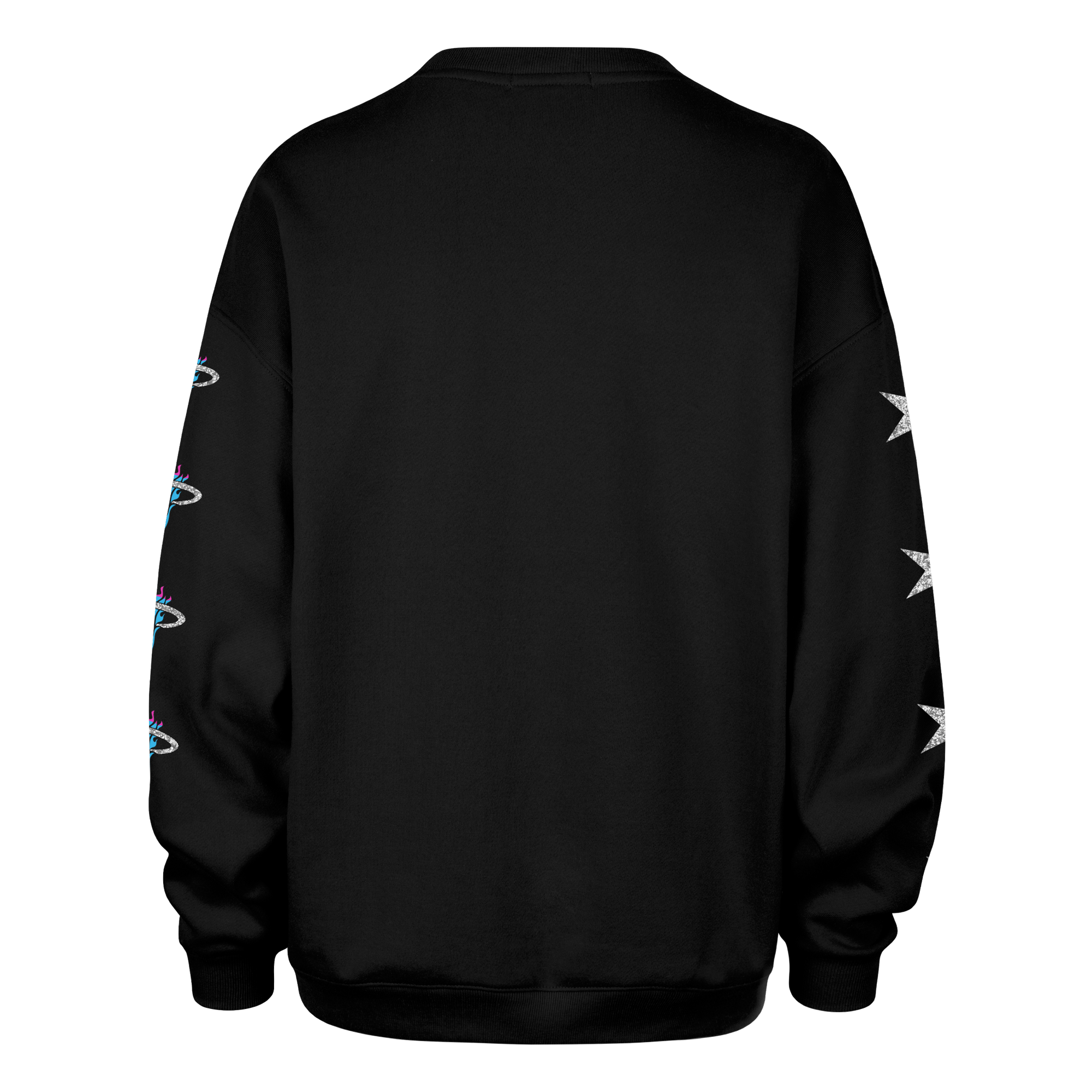 The '47 Brand Miami HEAT Original Vice Nights 1988 Women's Crewneck features colorful Saturn-inspired graphics on one sleeve, white stars on the other, and a plain back. Made from a cotton-poly blend with an oversized fit.