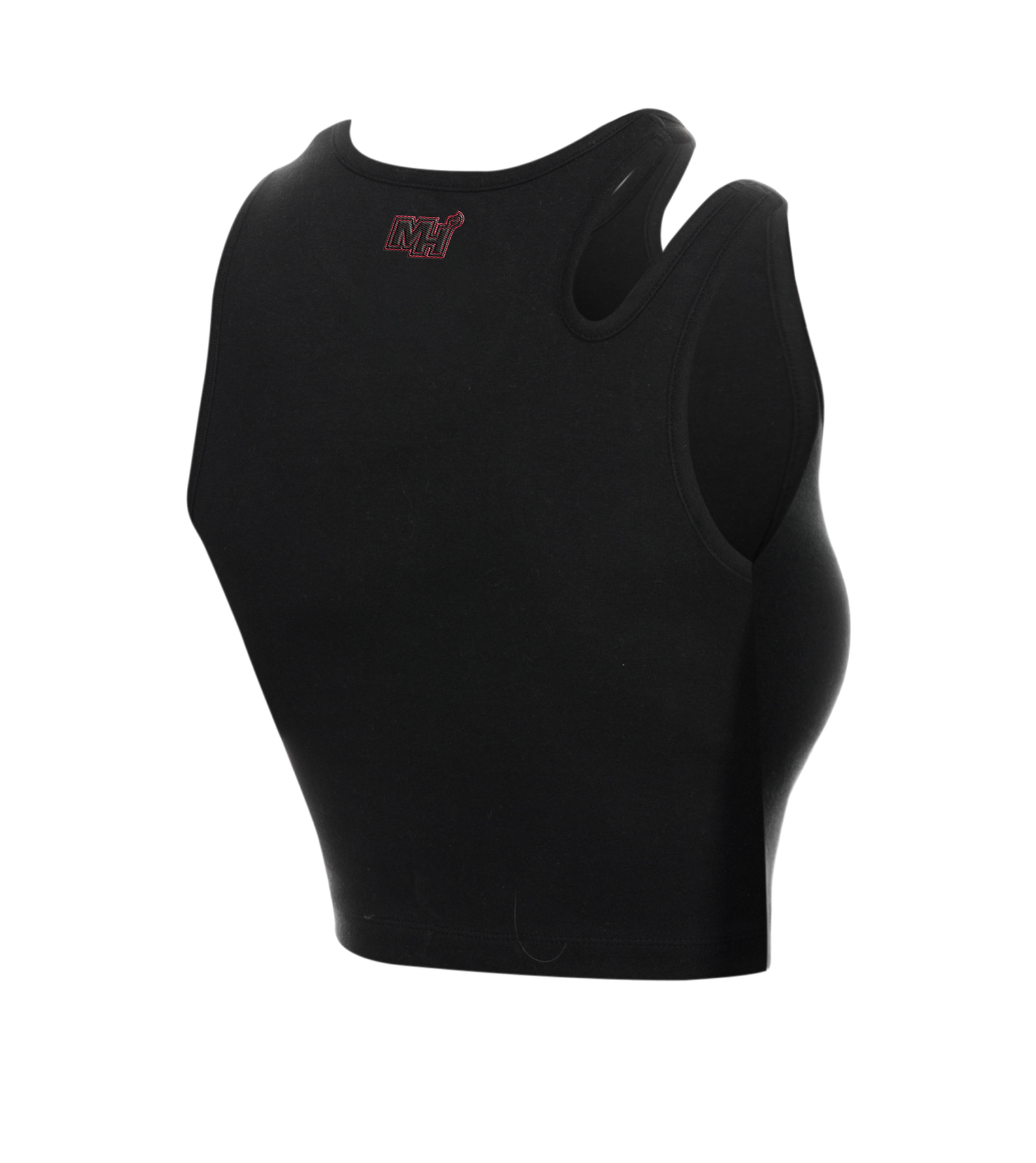 The New Era Miami HEAT Women's Asymmetrical Tank Top is shown from the back, featuring a small red and white MH logo near the neckline. This black cotton tank is fitted, stretchy, and machine washable for easy care.