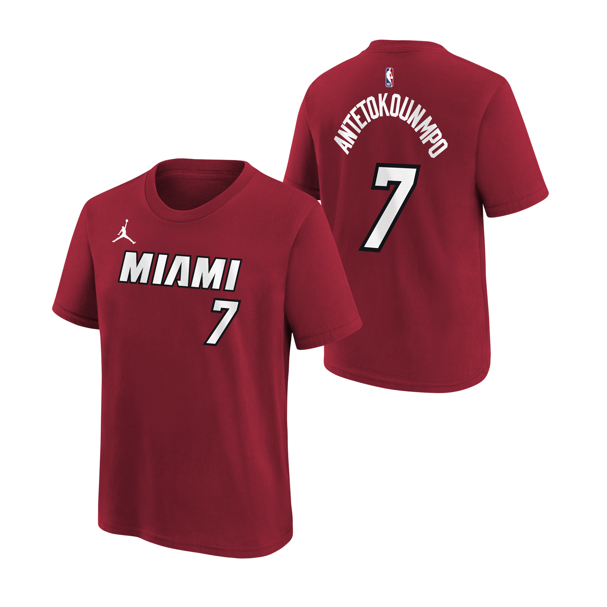 Front and back view of the red Nike Giannis Antetokounmpo Jordan Brand Statement Name & Number Youth Tee. The front displays “MIAMI 7,” while the back features “ANTETOKOUNMPO 7” with NBA and Jordan logos above the name. This standard fit cotton t-shirt is machine washable for easy care.