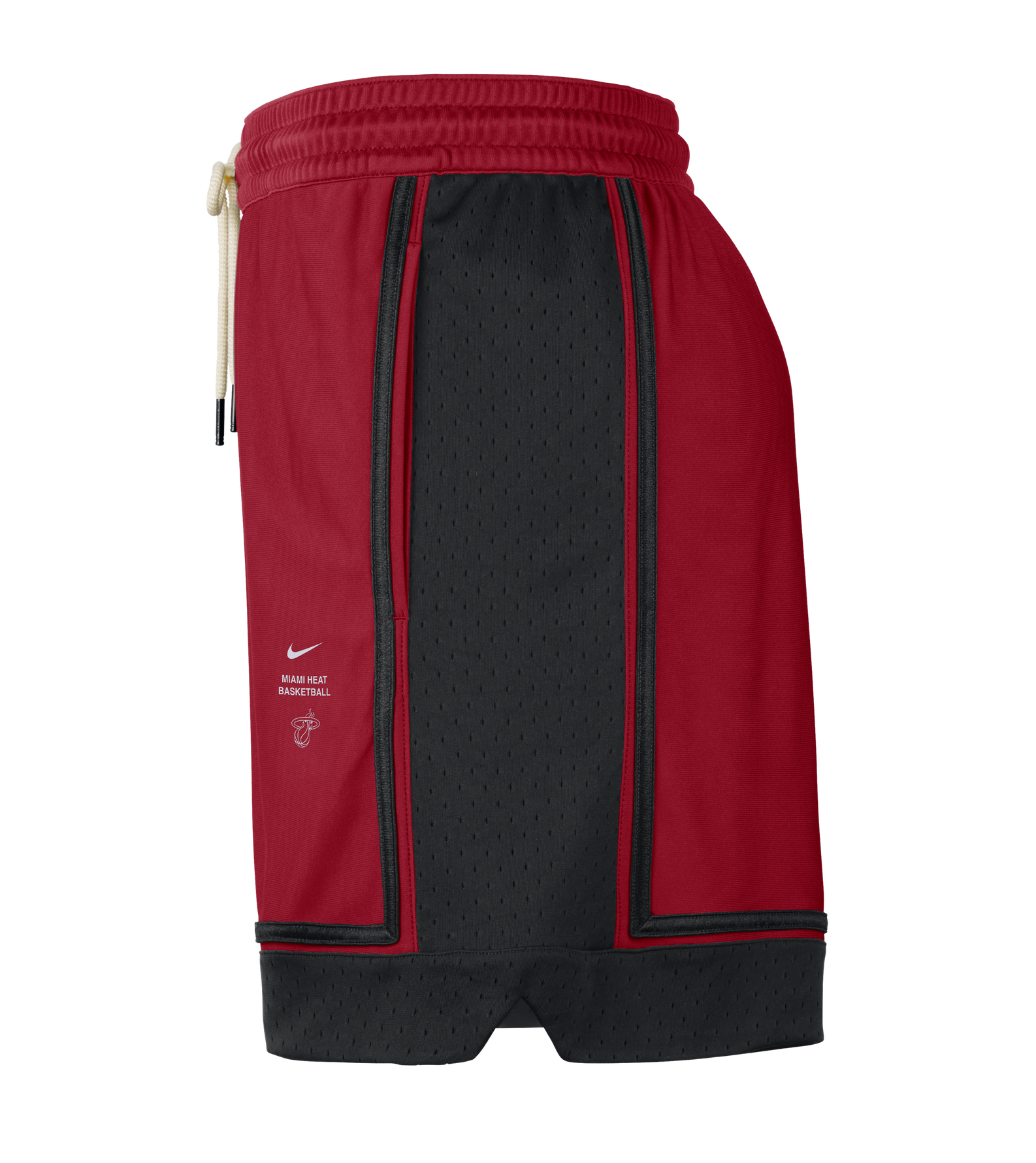 The Nike Miami HEAT Standard Issue Practice Shorts by Nike feature a red and black design with an elastic waistband, a black mesh panel on the side, a small Nike logo, “Miami Heat Basketball” text, and the team logo on the left thigh. Crafted with sweat-wicking Dri-FIT technology for maximum comfort, these shorts are shown from a side view.