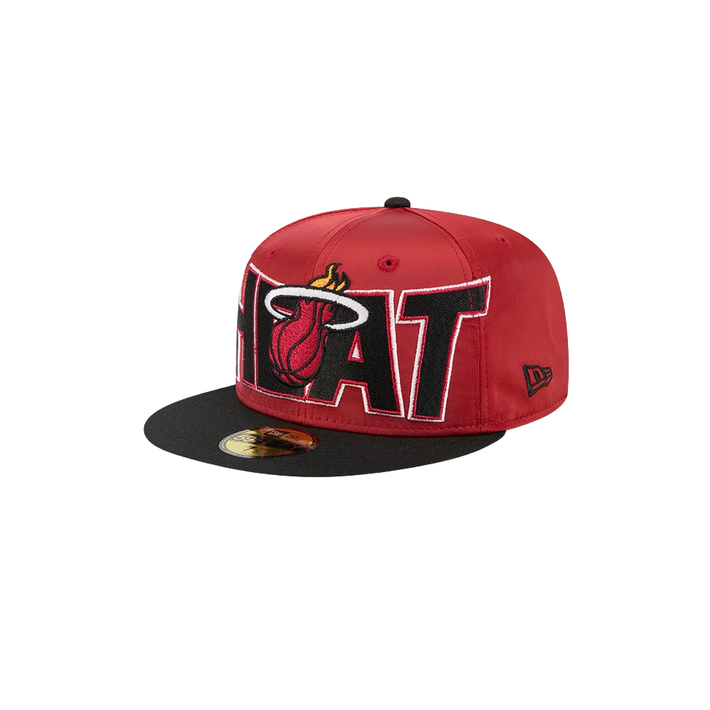 The New Era Miami HEAT Red Satin Fitted Hat features a bold team logo and lettering on the front, a flat black visor, and durable polyester construction that's easy to spot clean.