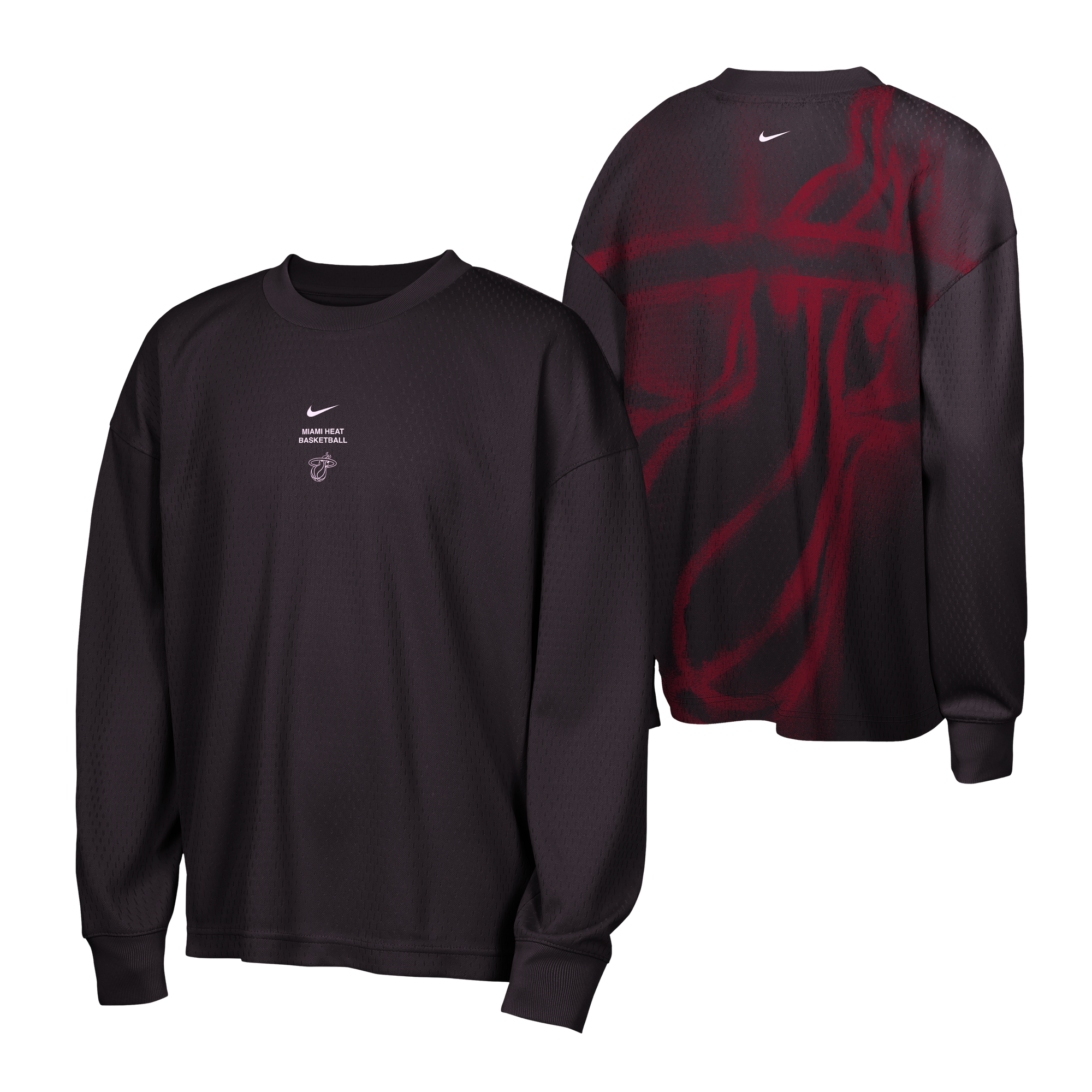 Two black Nike Miami HEAT Standard Issue Logo Game Long Sleeve Youth Tees: the front features a small white Nike logo and text, while the back displays a large red abstract graphic with a white Nike logo near the collar. Crafted from soft polyester in a standard fit, these tees offer style and comfort, and are easy to care for—simply tumble dry low.