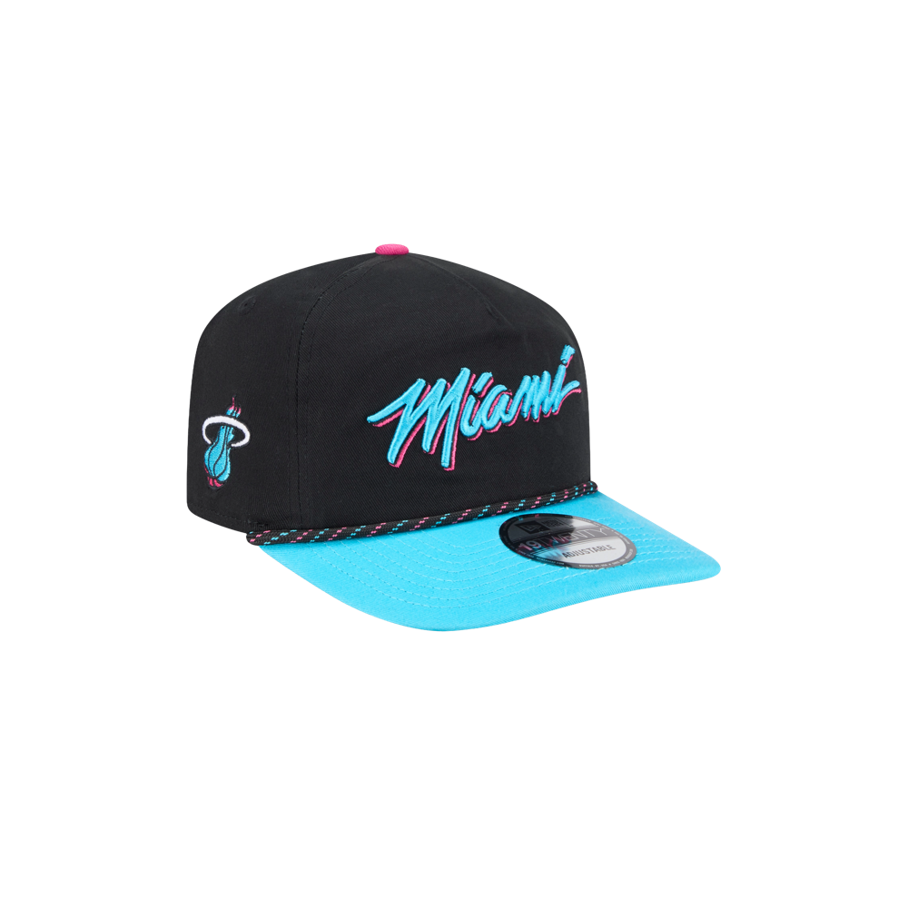 The New Era Miami HEAT Original Vice Nights Rope Snapback features black and turquoise cotton, a turquoise flat brim with rope detail, stylized 