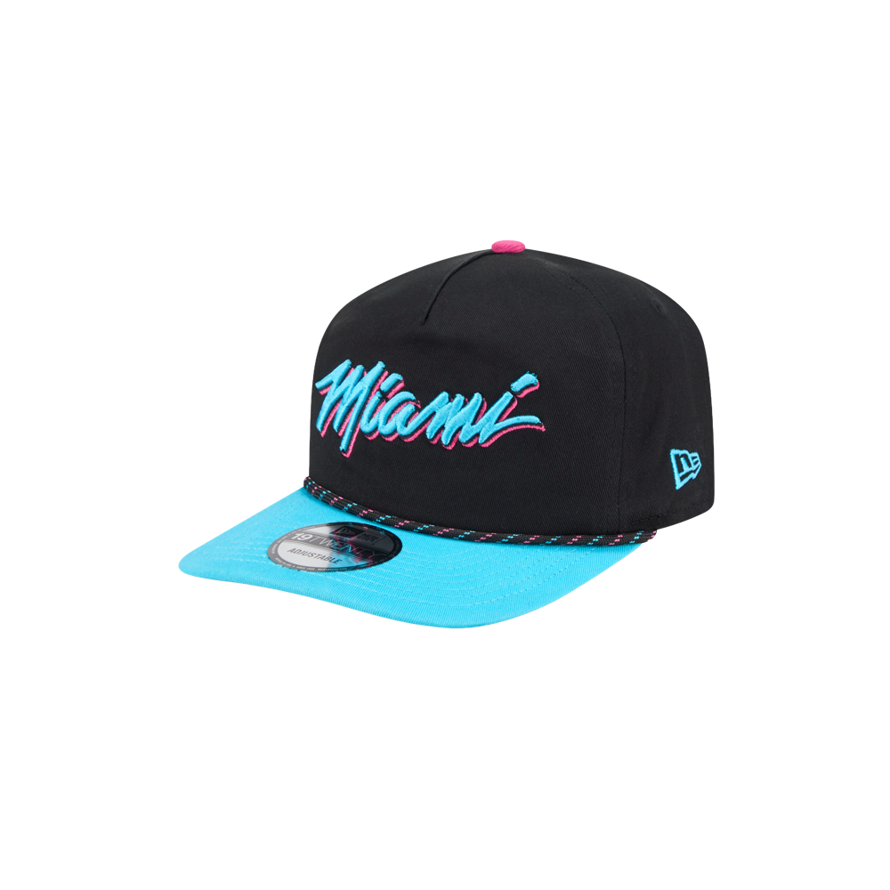 The New Era Miami HEAT Original Vice Nights Rope Snapback features a black and blue cotton design, “Miami” in pink and blue script on the front, a blue bill with brim sticker. One size fits most; spot clean for best care.
