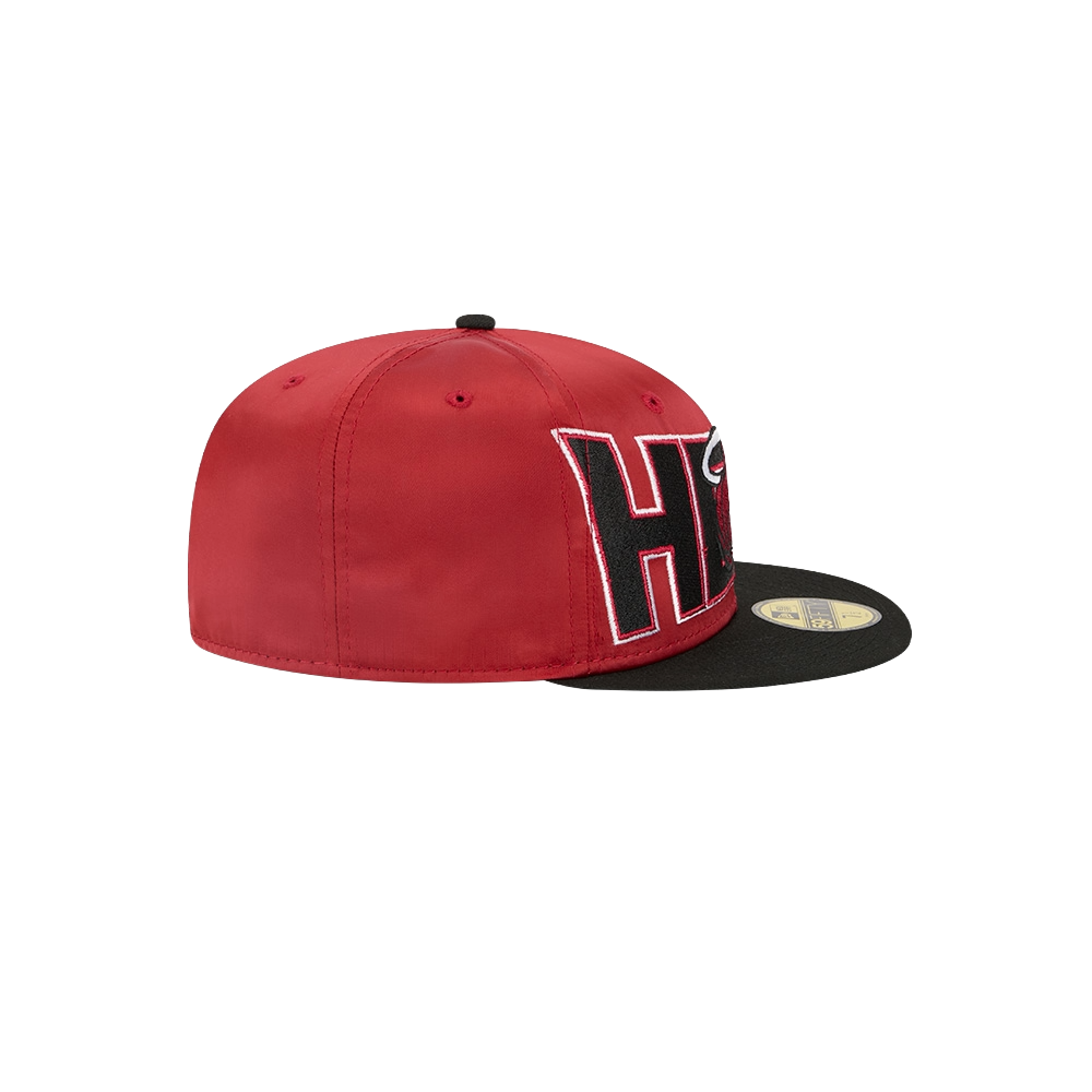 The New Era Miami HEAT Red Satin Fitted Hat features a black flat spandex visor and large black and white embroidered 