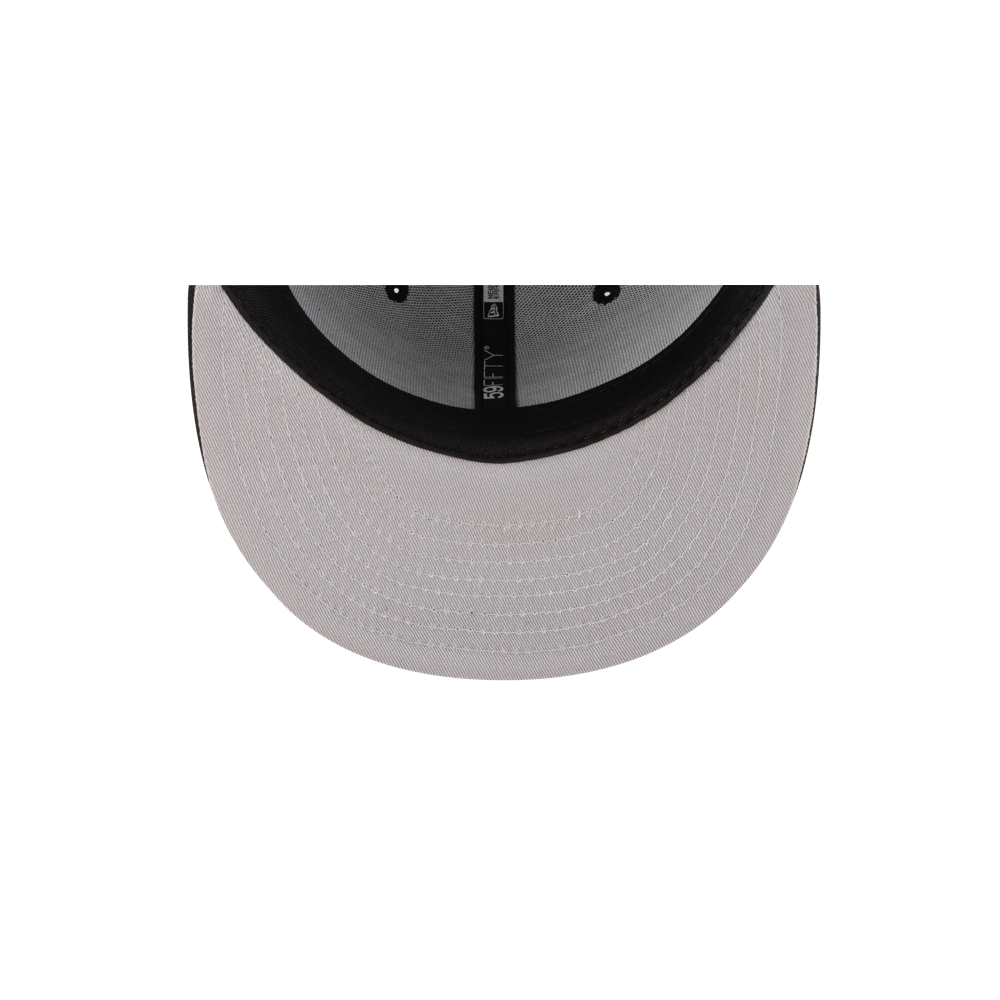 A top-down view of the New Era Miami HEAT 06' Ring Fitted Hat by New Era shows its light gray fitted design, black inner rim, and the underside of the brim and crown interior against a white background.