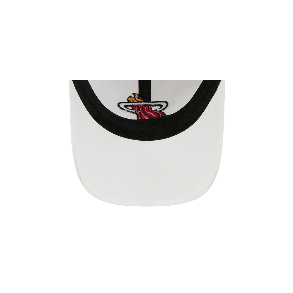 Top view of the New Era Miami HEAT Ripstop Dad Hat: a white polyester, one-size hat with black rim and embroidered Miami Heat logo on the brim; easy to spot clean.