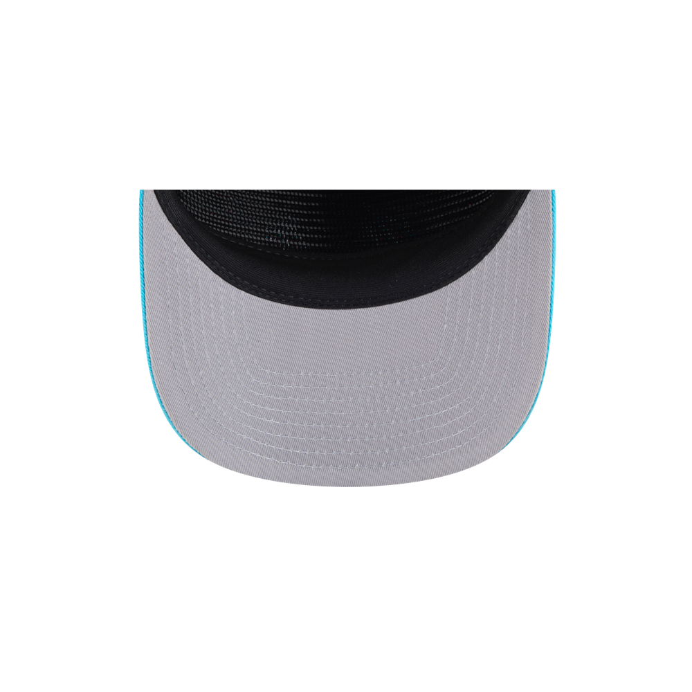 A close-up, top-down view of the brim of the New Era Miami HEAT Original Vice Nights Rope Snapback, a gray cotton baseball cap with black mesh and light blue trim. One size fits most and it's easy to spot clean.