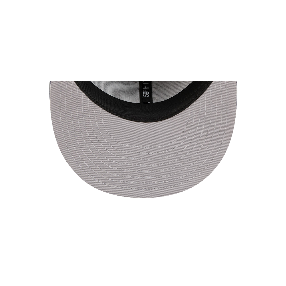 A close-up of the New Era Miami HEAT Red Satin Fitted Hat’s underside, featuring a grey spandex-stitched visor and black inner band, displayed against a plain white background.