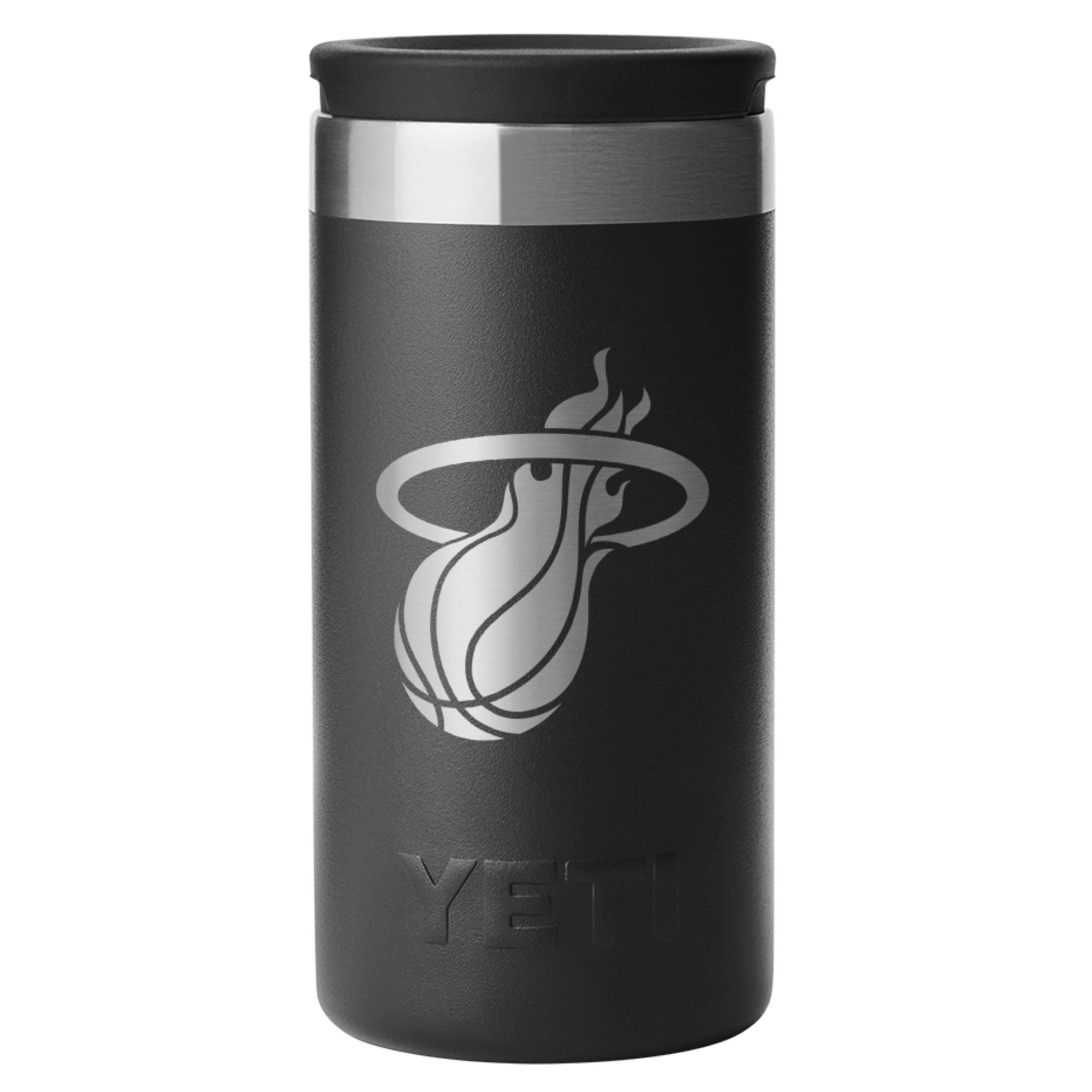 The Yeti Miami HEAT Shot Glass Set features black tumblers with a silver Miami Heat logo, stainless steel rims, and insulation like premium stainless steel shot glasses.