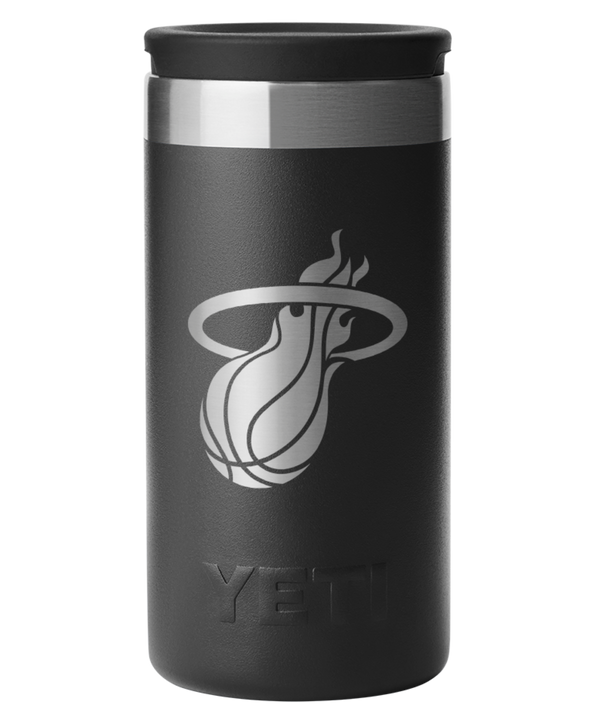 The Yeti Miami HEAT Shot Glass Set features black tumblers with a silver Miami Heat logo, stainless steel rims, and insulation like premium stainless steel shot glasses.