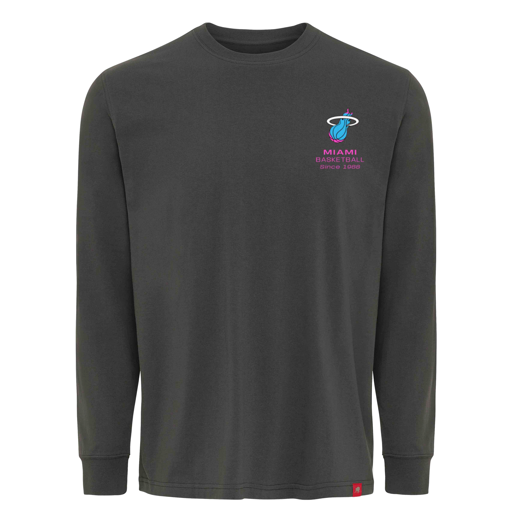 The Sportiqe Miami HEAT Original Vice Nights Sherwood Long Sleeve Tee is a dark gray, standard fit cotton shirt with a small Miami Heat logo and 