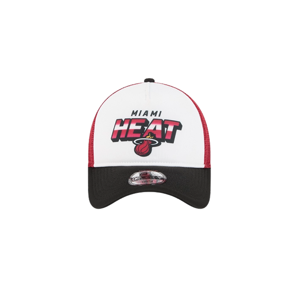 Miami HEAT youth trucker snapback with white front, red mesh back, and black curved brim. - New Era Miami HEAT Streak Youth Trucker Snapback