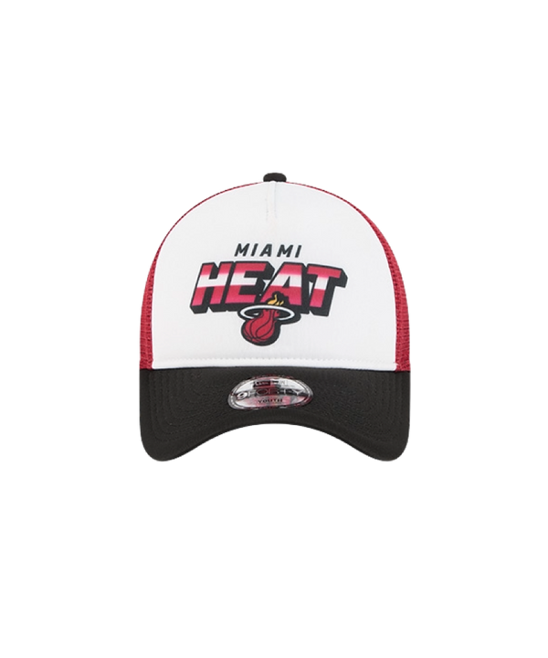 Miami HEAT youth trucker snapback with white front, red mesh back, and black curved brim. - New Era Miami HEAT Streak Youth Trucker Snapback