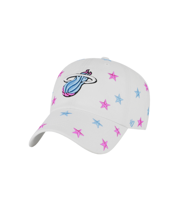 The '47 Brand Miami HEAT Original Vice Nights Star Dad Hat features a white cotton build, stylized blue and pink team logo, embroidered stars on the crown and brim. One size fits most; spot clean for best care.
