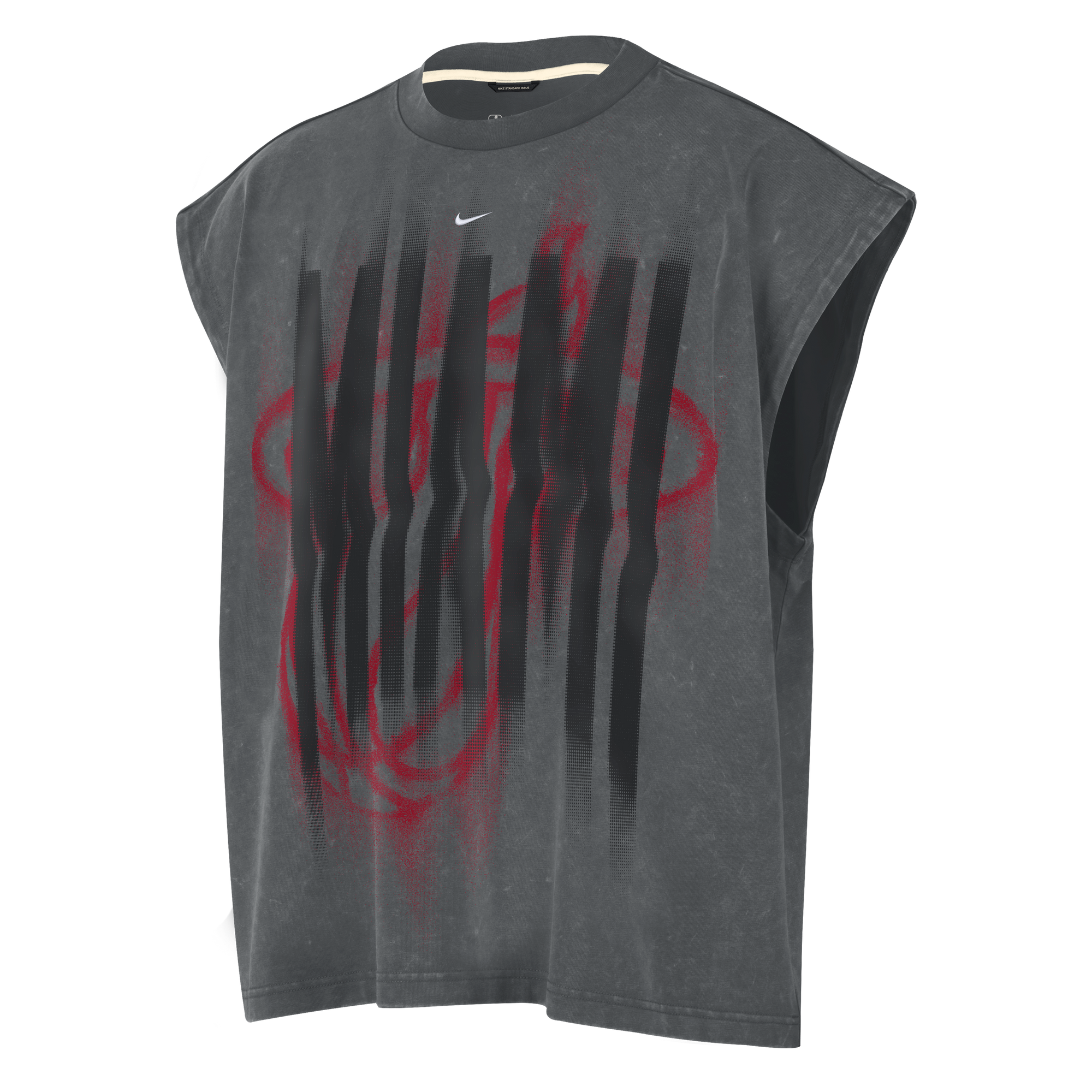 The Nike Miami HEAT Standard Issue Sleeveless Tee is a gray sleeveless T-shirt featuring a red and black abstract design inspired by the Miami HEAT, with a small white Nike logo near the front collar.