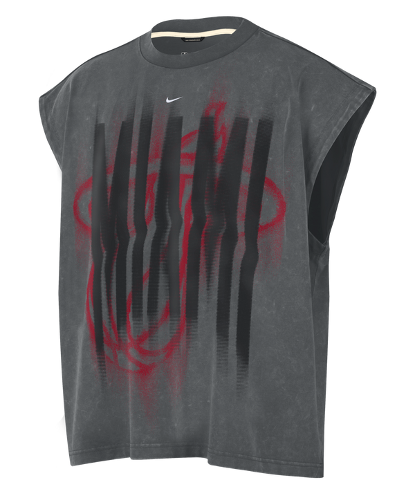 The Nike Miami HEAT Standard Issue Sleeveless Tee is a gray sleeveless T-shirt featuring a red and black abstract design inspired by the Miami HEAT, with a small white Nike logo near the front collar.