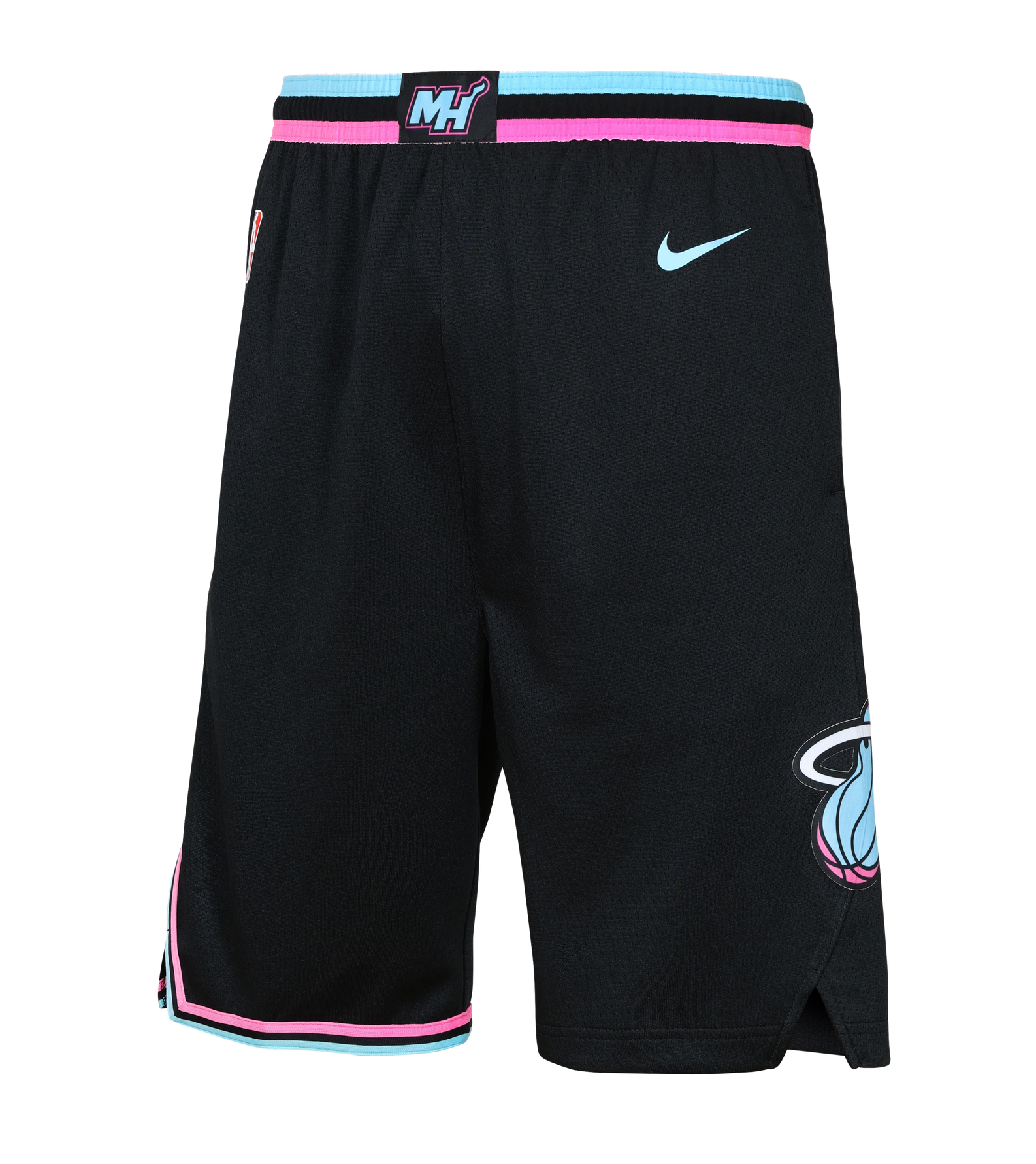 The Nike Miami HEAT Original Vice Nights Youth Swingman Shorts feature black polyester with pink, blue, and white trim, the Miami Heat logo, MH patch on the waistband, and a blue Nike swoosh. Standard fit; machine wash cold.