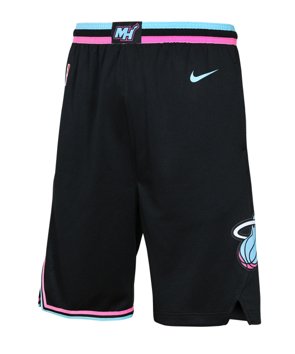 The Nike Miami HEAT Original Vice Nights Youth Swingman Shorts feature black polyester with pink, blue, and white trim, the Miami Heat logo, MH patch on the waistband, and a blue Nike swoosh. Standard fit; machine wash cold.