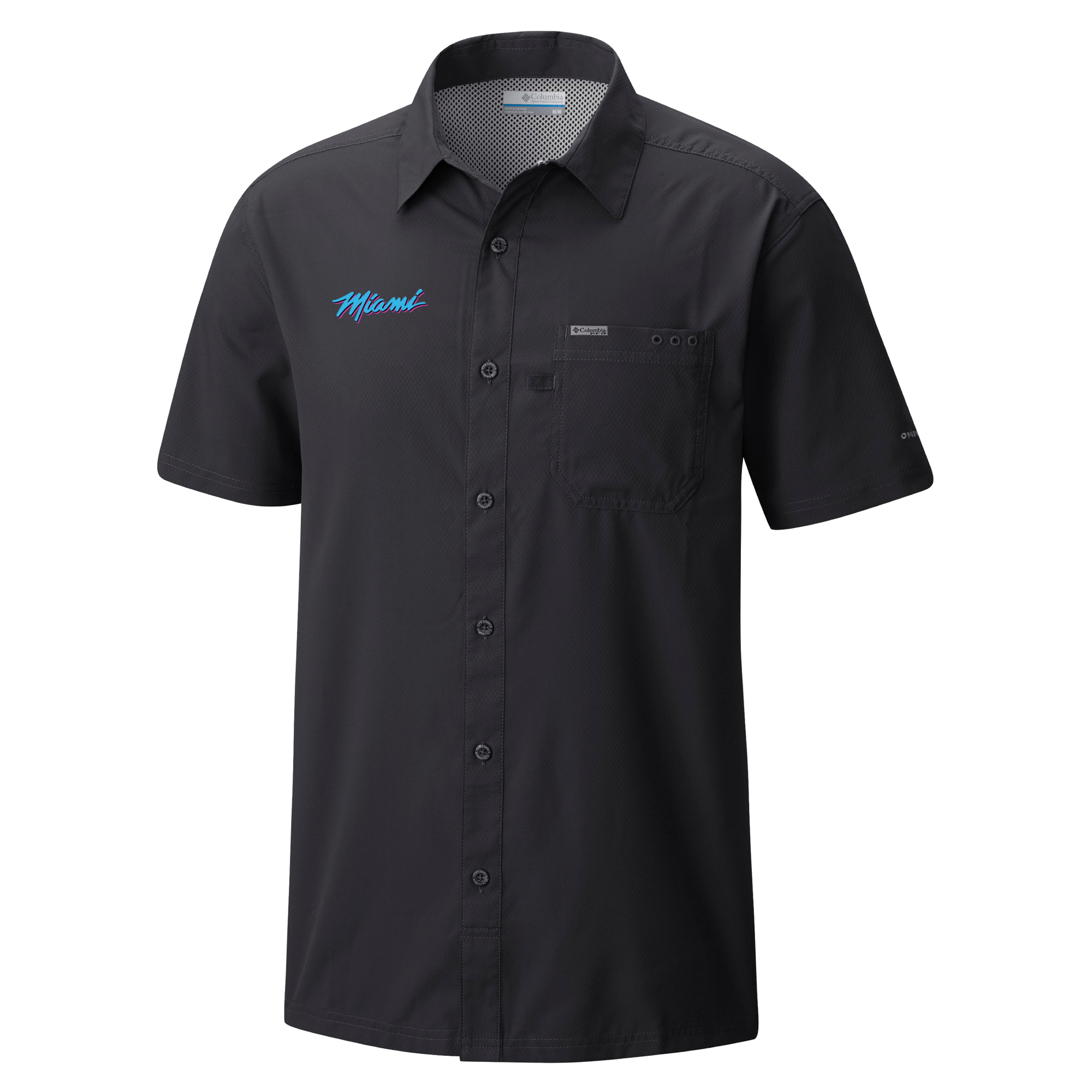 The Columbia Miami HEAT Original Vice Nights Slack Tide Shirt by Columbia Outdoor is a black, short-sleeve button-up with a collar, chest pocket, blue 